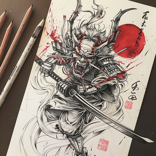 Tattoo sketch of a Japanese demon wielding a samurai sword with dynamic action