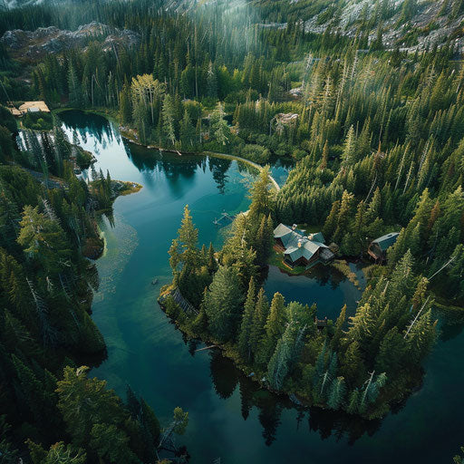 Aerial view of a mountain lake lodge nestled in dense forests