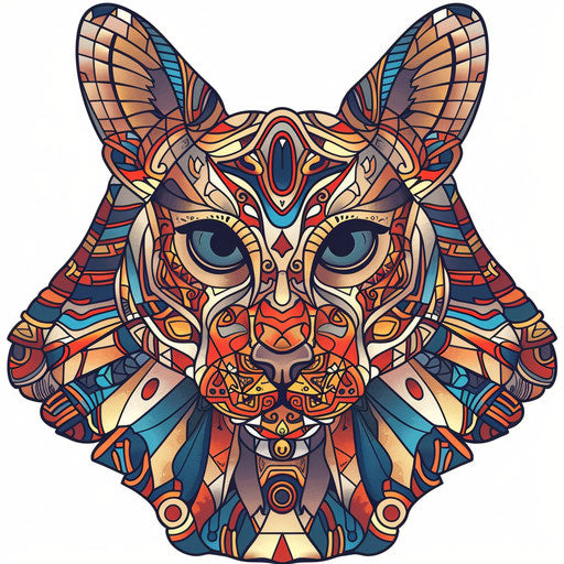 Sphinx head with ornamental pattern, simplified dog figures style