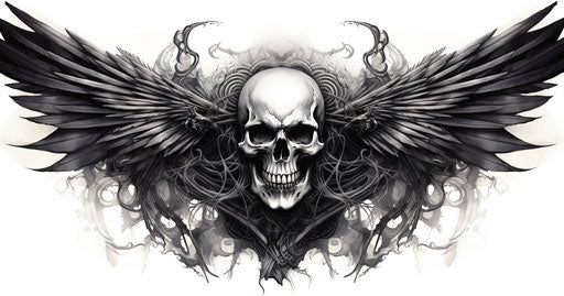 Skull with wings, wings tattoo, monochromatic graphic design, exaggerated features