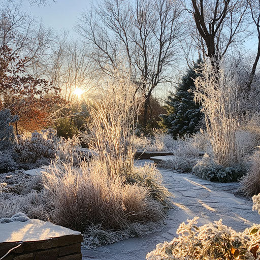 Winter botanical garden, plants and trees encased in ice, sparkling under the morning sun