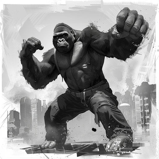 Heroic gorilla in pose of strength and leadership