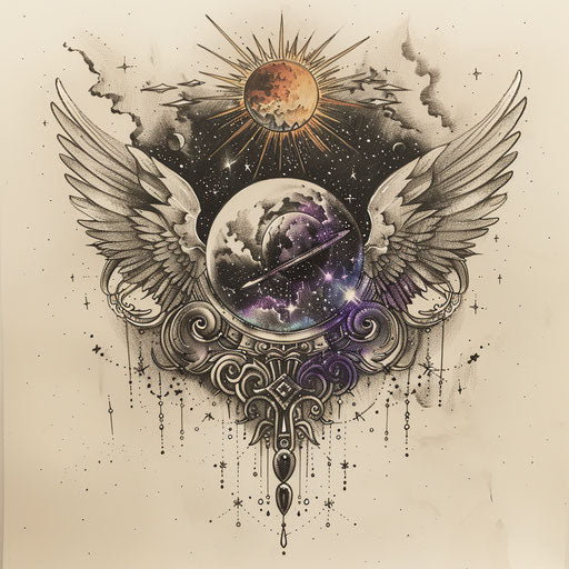 Sketch of celestial disco ball tattoo with angelic wings