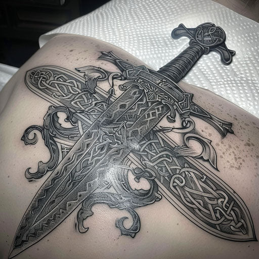 Legendary king Arthur tattoo with Excalibur and Celtic knots