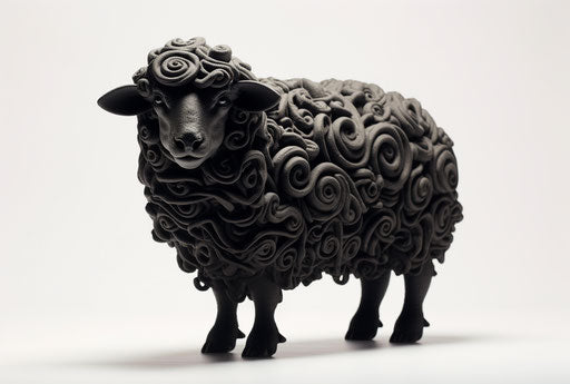 Black sheep with curling hair in a decorative abstraction style