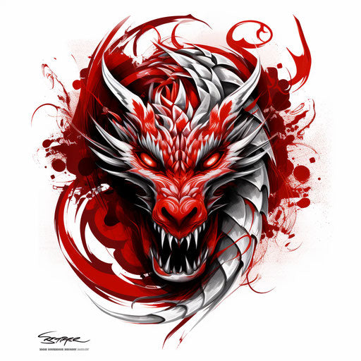 Red and white dragon tattoo, stencil art style, Celtic