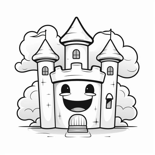Castle with a smile, child's drawing in black and white