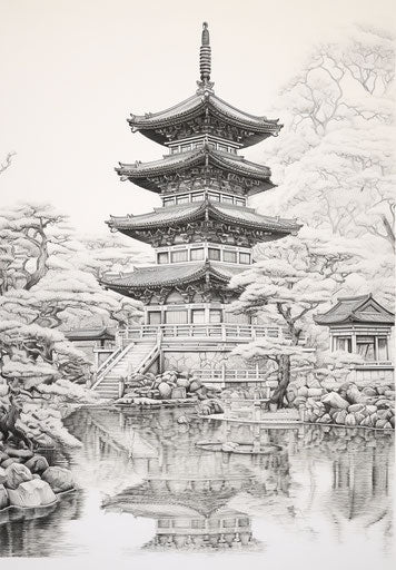Square Japanese temple with tower in center, hyperrealistic pencil drawing style