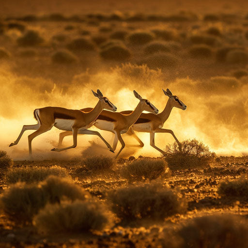 Gazelles sprinting, raising a cloud of dust
