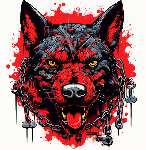 Dog head with chains and stylized drawing, devilish style