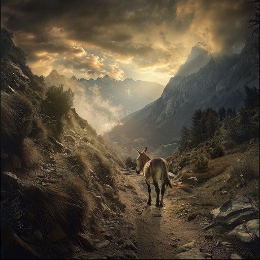 Donkey walking along a mountain trail with dramatic lighting