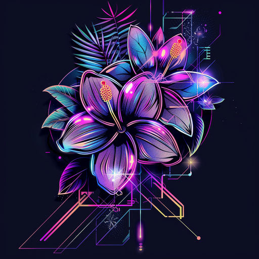 Flat tattoo sketch of futuristic Hawaiian flower with neon accents