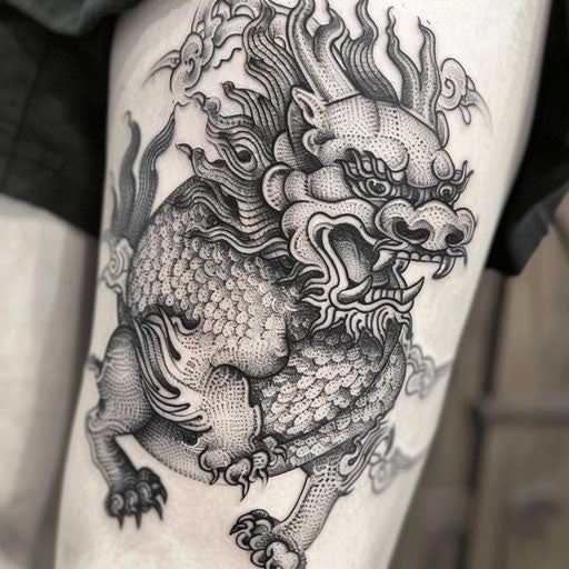 Dotwork foo dog tattoo on white background