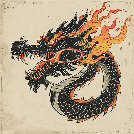 Dragon breathing fire clipart in fantasy-inspired flat tattoo sketch style
