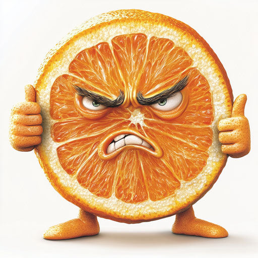 Humorous caricature of an orange slice with human characteristics