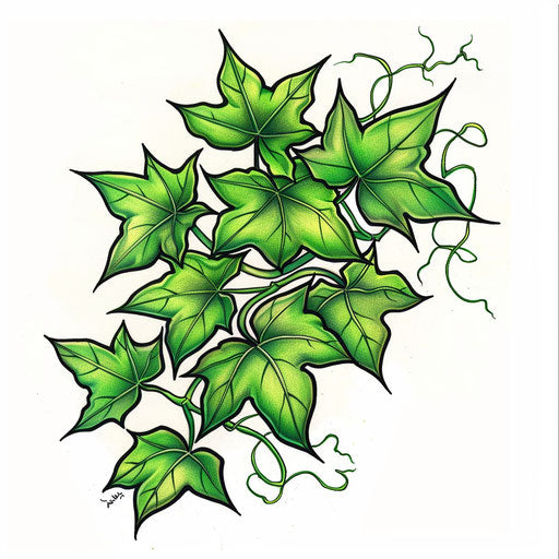 Neo-traditional tattoo design with ivy leaves on white background
