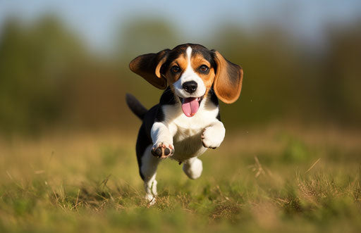 Small black beagle running towards a ball in grassy field