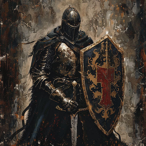 Medieval knight with a shield, in the style of Adrian Smith