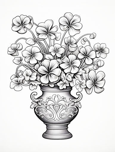 Coloring page, shamrock leaves, surrealistic style, round