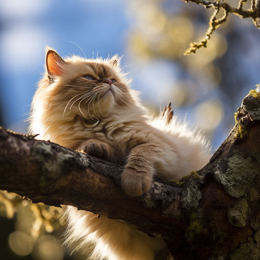 Himalayan cat lying on a tree branch