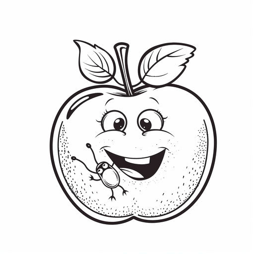 A simple apple with a smiling worm to color. Coloring book page