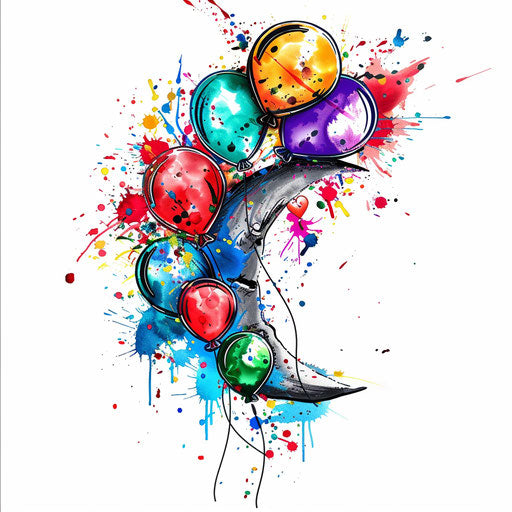 Festive half moon with colorful balloons and confetti