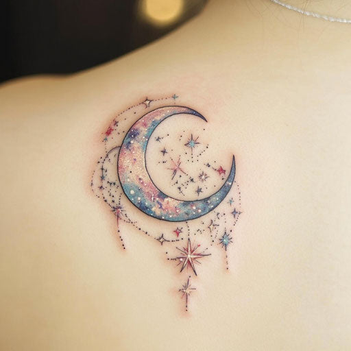 A stylized tattoo of moon and stars in soft pastel tones