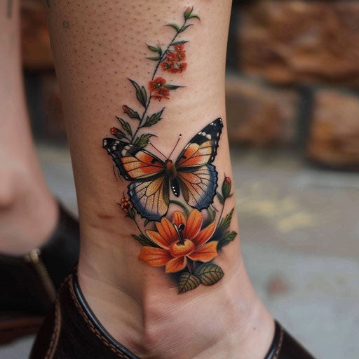 Realistic butterfly on flower tattoo, Merian style, ankle