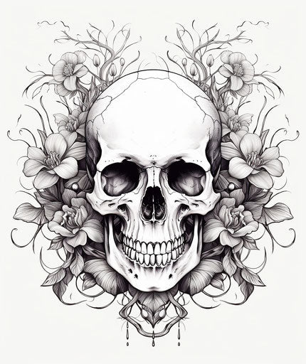 Skull with flower ring, graphic linework style