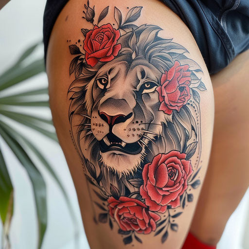 Lion and roses thigh tattoo in the style of Peter Jackson