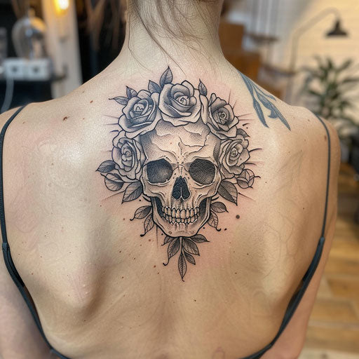 Outline tattoo of a skull with roses, in the style of Gerald Brom