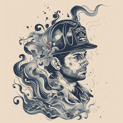 Sophisticated flat tattoo sketch of a firefighter with elegant smoke swirls