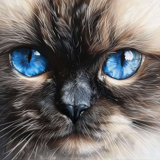 Close-up of a Himalayan cat's face with striking blue eyes