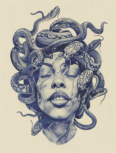 Egyptian head with snakes, indigo and blue style