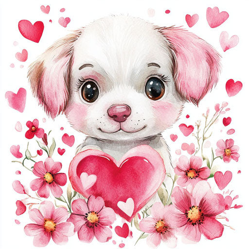 Adorable Valentine's Day puppy amongst flowers and hearts