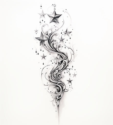 Star tattoo, black and white designs, twisted branches
