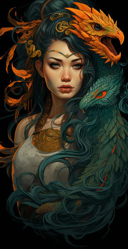 Girl with dragon tattoo and feather on head