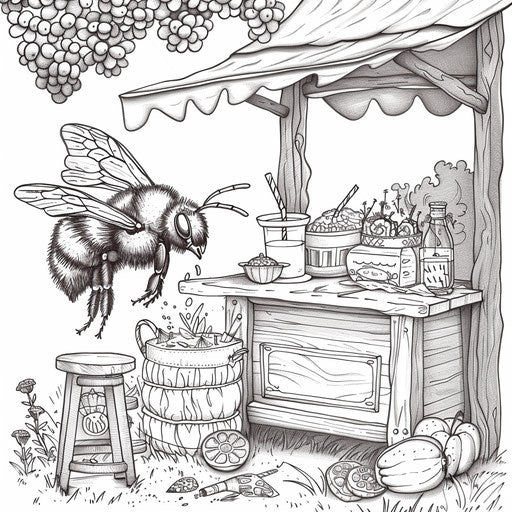 A playful bee buzzing around a lemonade stand
