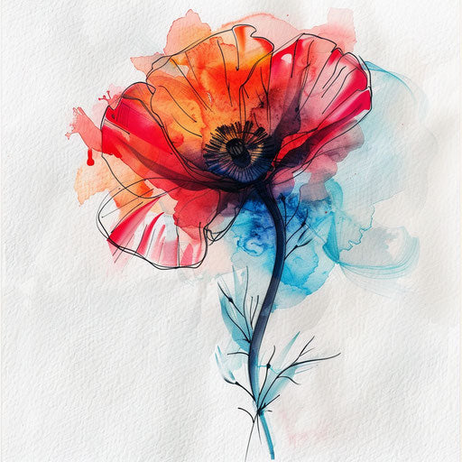 Watercolor poppy tattoo draft with flowing colors and a dreamy appearance on white paper texture background