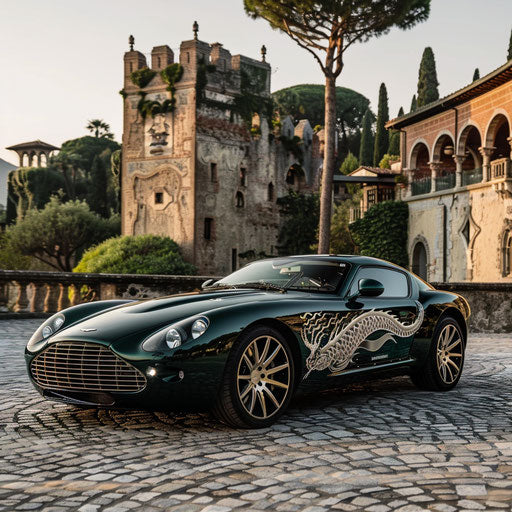 Dragon-themed Aston Martin DB7 Zagato in front of a medieval castle