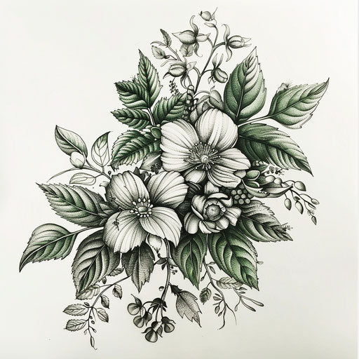 Botanical style tattoo sketch for 666, featuring lush green leaves and flowers