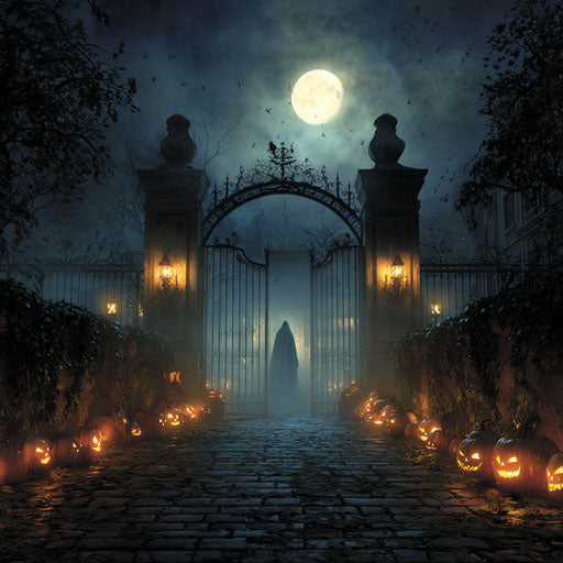 Spooky Halloween scene with glowing jack-o'-lanterns