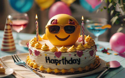 Birthday cake with yellow smiley wearing sunglasses
