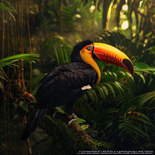 A toco toucan grooming its feathers in a secluded emerald rainforest
