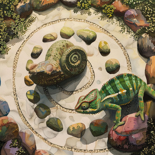 A chameleon in a zen garden, finding peace as it changes hues with the tranquility of the setting