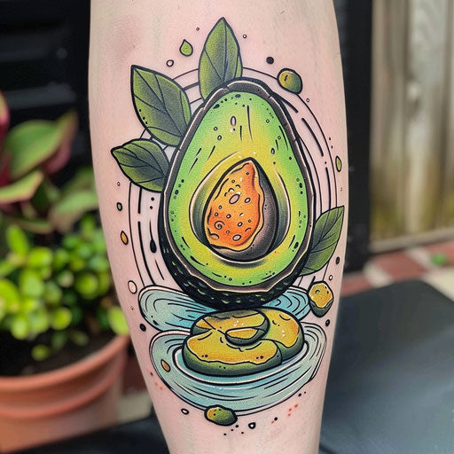 Tranquil flat tattoo sketch of an avocado in a zen garden with neon stones and ripples