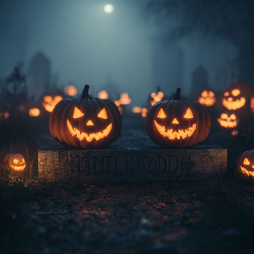 Glowing carved pumpkins in the dark atmosphere