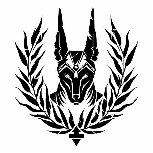 Stylized Anubis stencil with laurel crown on white background