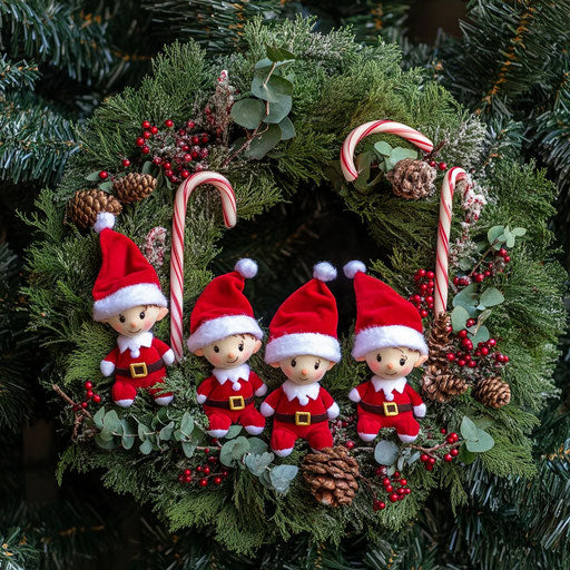 Whimsical wreath with small stuffed elves and candy canes peeking out from lush greenery