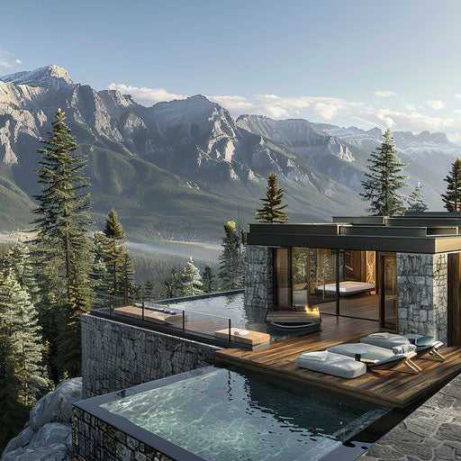 Luxury modern stone and timber hotel atop gondola lift